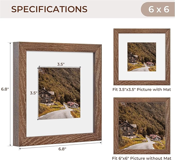 6x6 Picture Frames, Solid White Oak Wood Frame 6 x 6 with Stand for Wall & Tabletop Display, Rustic Wooden Photo Frame 6 by 6 with Real Glass, 6x6 Frame Matted to 4x4, Walnut Color, Set of 4