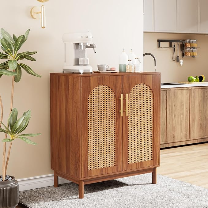 Tribesigns Set of 2 Rattan Sideboard Buffet with Storage, 59 Inch Accent Cabinet with Doors, Storage Cabinet for Dining Room, Living Room, Kitchen, Caramel Brown