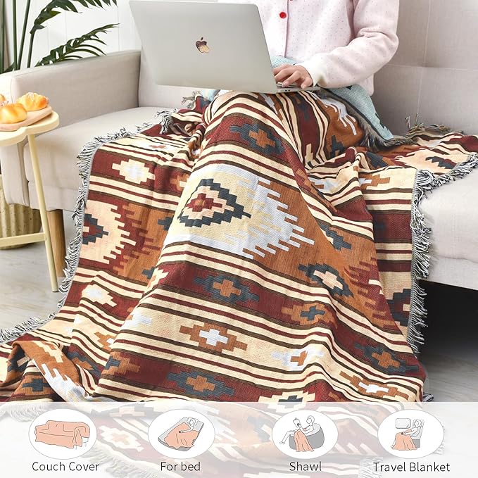 Boho Throw Blanket Reversible Cotton Bohemian Tapestry Hippie Room Decor Outdoor Blanket Double Sided (Boho Pattern, 50"x60")