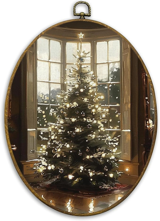 CUANFDDSF Vintage Christmas Tree Oval Wall Art Decor, Magical Cottagecore Winter Xmas Tree Holiday Wall Hanging Decor, Cozy Christmas Framed Canvas Prints for Home Bedroom Living Room, 8.6x11.4 Inch