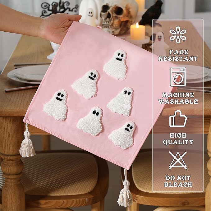 Breling Halloween Ghost Table Runner Jacquard Cute Ghost Halloween Dinner Table Runner Fall 3D Embroidered Kitchen Dining Decoration for Kitchen Farmhouse Holiday Party Decor 13x72" (Pink)