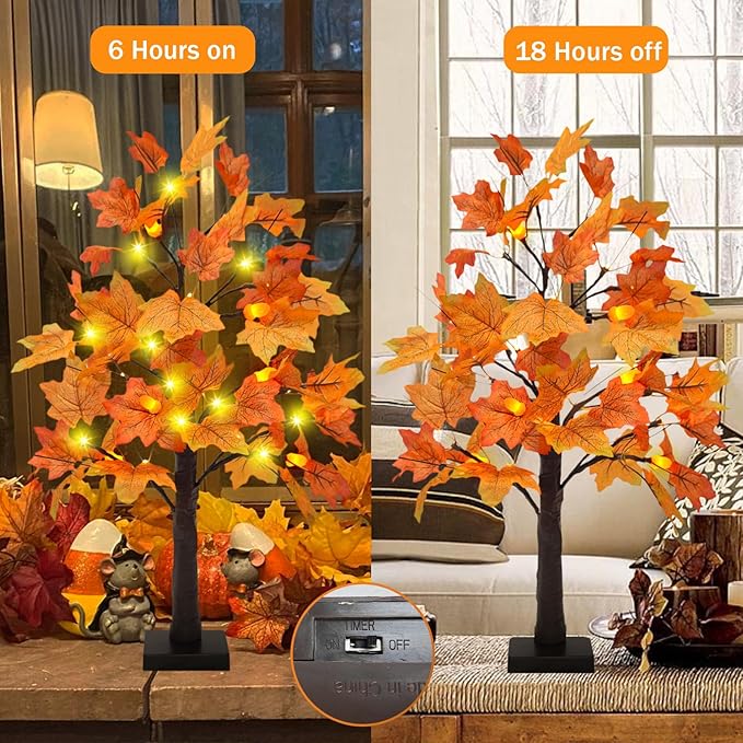 Uieke 24inch Lighted Artificial Fall Maple Tree Fall Decor 24 LED Tabletop Fall Tree with 6 Pne Cones Lights Battery Operated with Timer, Fall Decorations for Home Thanksgiving Autumn Harvest Decor