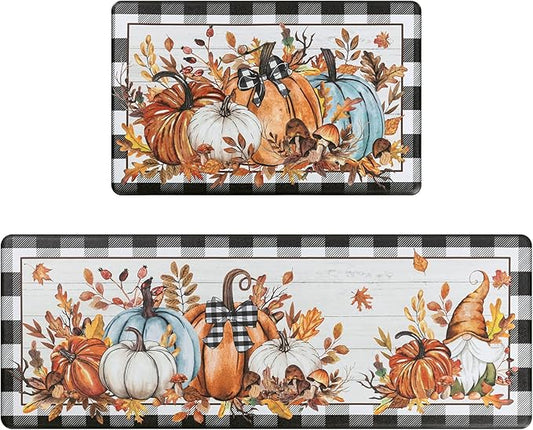 SHACOS Fall Anti Fatigue Kitchen Mats 2 Pcs Pumpkins Gnome Maple Leaves Black and White Checkered Rug Autumn Non Slip Cushioned Floor Mat for Kitchen Decor, 17x27.5+17x47, Pumpkins Black Plaid