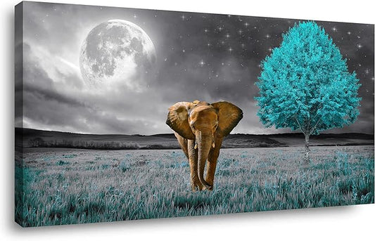 Canvas Wall Art Moon and Tree Picture Prints Paintings for Living Room Home Decor Black and White Background Animal Elephant Landscape for Bedroom Wall Decoration Natural Artwork 20x40Inches