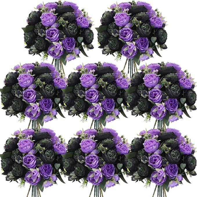Geosar 8 Bundles Artificial Peonies Flowers Fake Silk Peony Bouquet Faux Peonies Flowers Bulk for Decoration Vase Florals Arrangements Wedding Party Table (Black,Purple)