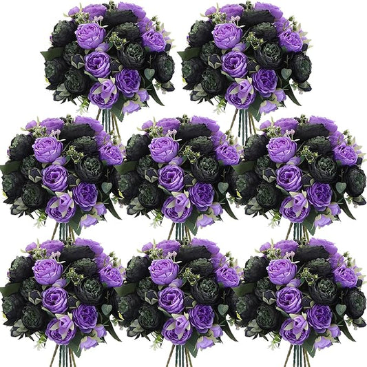 Geosar 8 Bundles Artificial Peonies Flowers Fake Silk Peony Bouquet Faux Peonies Flowers Bulk for Decoration Vase Florals Arrangements Wedding Party Table (Black,Purple)