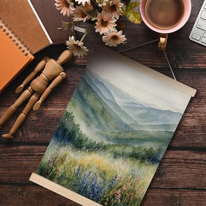 FITIE Green Mountains Forest Wall Art, Mountain Wall Decor, Rustic Farmhouse Forest Wall Art Decor, Watercolor Blue Ridge Mountains Wildflower Nature Landscape Canvas Wall Art Poster Hanger Frame, 12x16 Inches