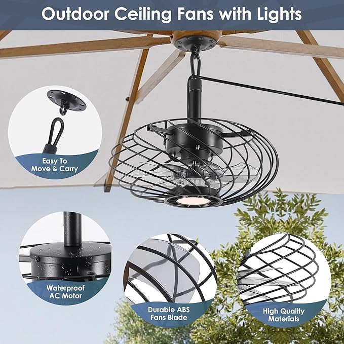 15" Outdoor Ceiling Fan with Light, Waterproof Gazebo Fan Remote Control, Dimmable LED Light, Hanging Black Caged Ceiling Fixtures with Plug in Cord for Patios Pergola