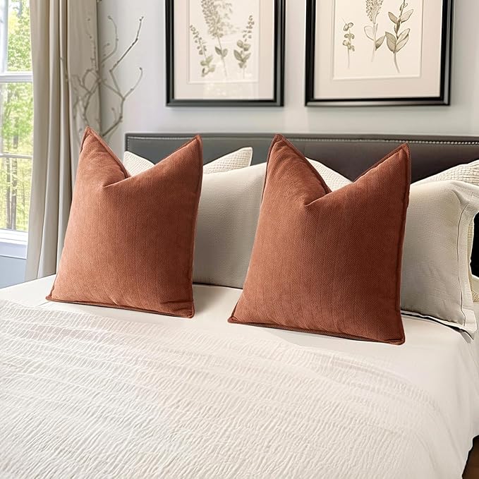 MIULEE Fall Pack of 2 Burnt Orange Decorative Pillow Covers 24x24 Inch Chenille Luxurious Couch Throw Pillows Boho Cushion Covers Euro Shams with Elegant Design for Sofa Bed Living Room Home Decor