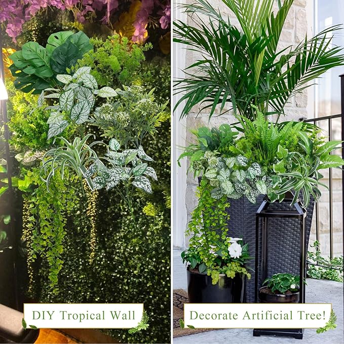 GTIDEA 19Pcs Outdoor Artificial Plants UV Resistant Fake Shrubs Bushes Plastic Greenery, Faux Plants for Outside Indoor Hanging Plants Garden Porch Window Box Home Wedding Farmhouse Décor