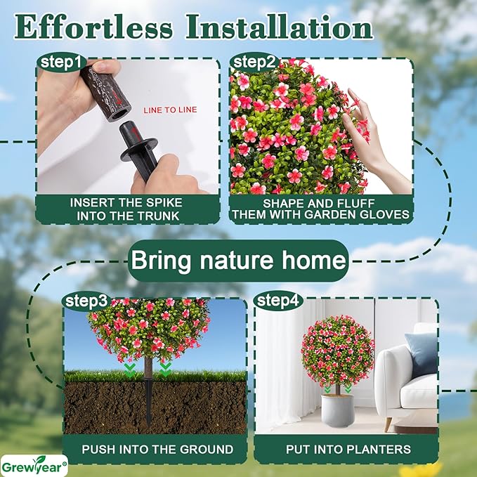 Artificial Pink Topiary Ball Trees with Ground Spike Set of 2, Faux Boxwoods for Outdoor Planters, UV Resistant Artificial Outdoor Plants for Porch, Fake Bushes Round Flower Shrub with Lilac