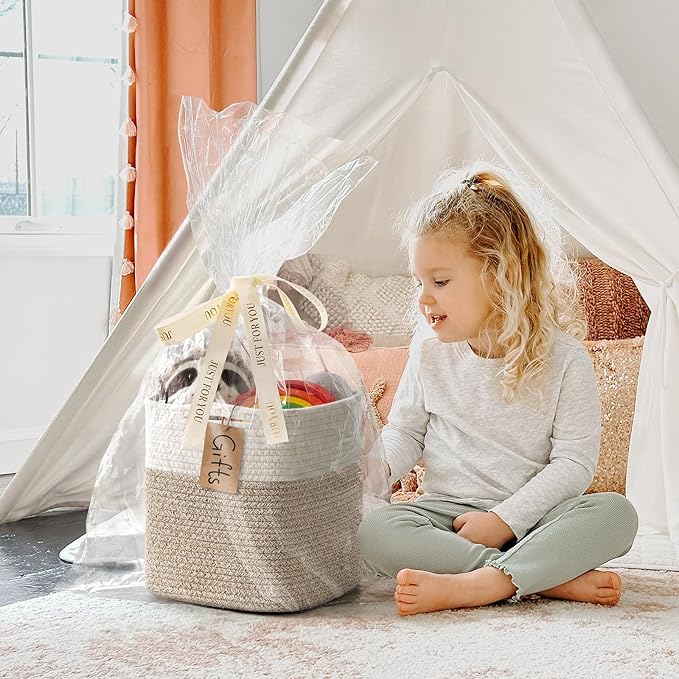 INDRESSME 11x11 Cube Storage Bins, 3-Pack Rope Woven Baskets for Organizing Storage Baskets for Shelves Gift Organization Empty Square Toy Bins for Classroom, Nursery Closet, White & Brown