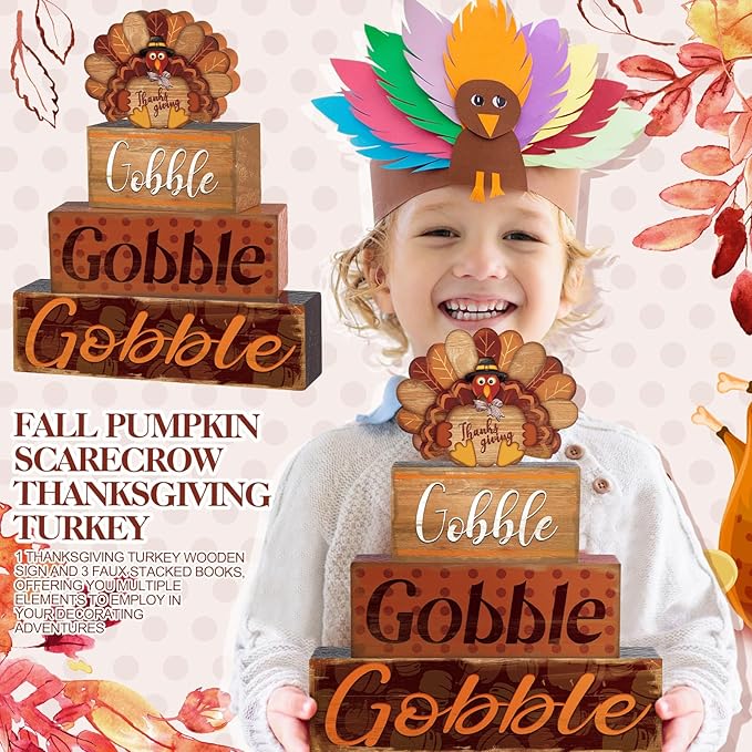 4 Pcs Thanksgiving Fall Decor for Home Cute Turkey Wooden Signs with Sayings Thanksgiving Fall Tiered Tray Decor Turkey Tabletop Centerpiece Gobble Block Signs for Office Kitchen Shelf