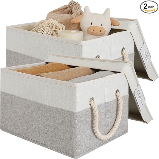 LoforHoney Home Fabric Storage Bins with Lids for Organizing, Foldable Closet Storage Boxes for Shelves, Clothes Baskets with Cotton Rope Handles, Large, Beige & Gray, 2-Pack