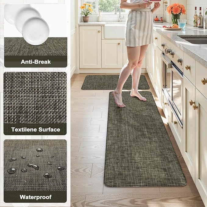 KIMODE Anti Fatigue Kitchen Mat for Floor, Farmhouse Kitchen Rugs Sets of 2, 20"x47"+20"x32" Paded Kitchen Floor Mats, Comfort Textilene Standing Mats for Laundry Office Sink Desk Brown/Green