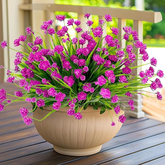 12 Bundles Artificial Flowers for Outdoors Summer Decor, Realistic UV Resistant Fake Plants Faux Plastic Flowers for Outside Planter Home Gardens Patio Porch Yard Spring Cemetery Decor(Magenta)