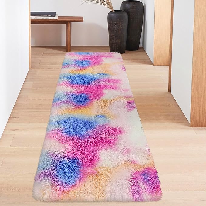 Fluffy Colorful Rug for Bedroom 2x6 ft Kawaii Tie-Dyed Area Rug Non Slip Cute Unicorn Kids Runner Rug for Girls Princess Teens Living Room Playroom Baby Nursery Decor Carpets