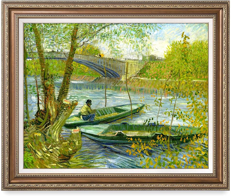DECORARTS - Fishermen And Boats From The Pont De Clichy, Vincent Van Gogh Art Reproduction. Acid Free Cotton Canvas Giclee Print w/Bronze Frame&Mat for Wall Decor.