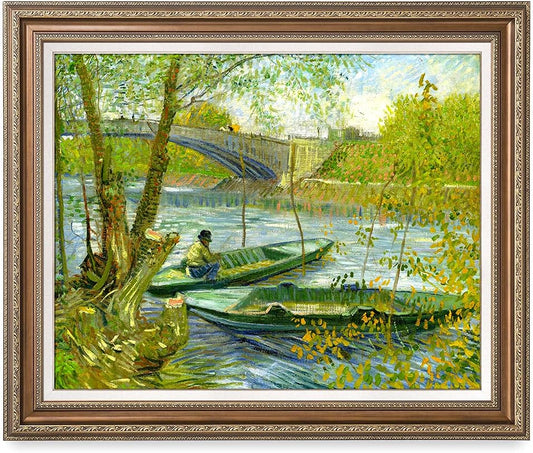 DECORARTS - Fishermen And Boats From The Pont De Clichy, Vincent Van Gogh Art Reproduction. Acid Free Cotton Canvas Giclee Print w/Bronze Frame&Mat for Wall Decor.