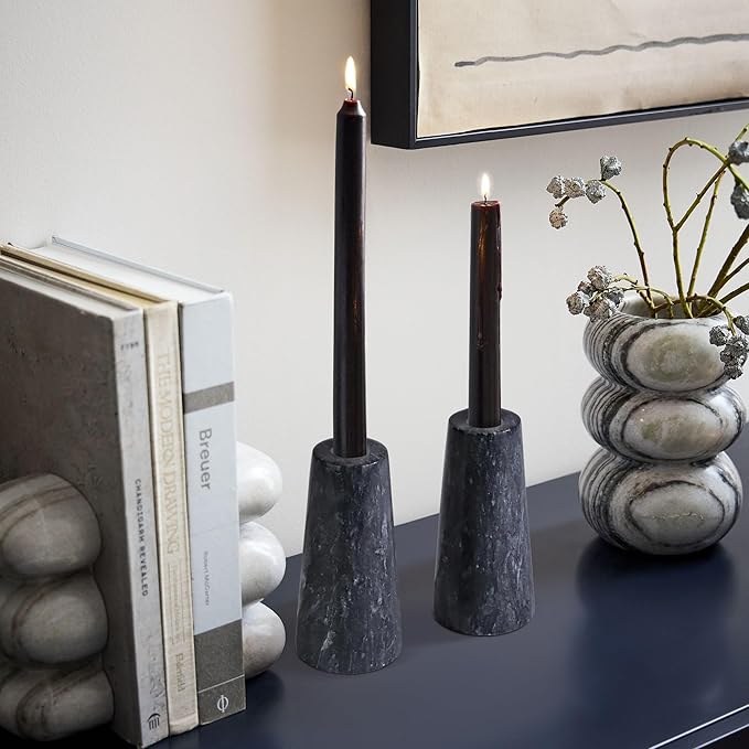 HofferRuffer Marble Candlestick Holders，Set of 2 Natural Stone Candle Holder Decorative Candle Stands for Wedding, Dinning, Party, Table Centerpieces, Fit 3/4'' Thick Taper Candles (Black)