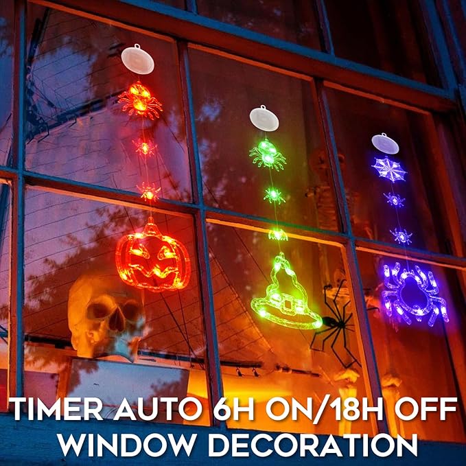 suddus 3 Pack Halloween Lights Battery Operated with Timer, Orange Pumpkin Violet Spider Green Witch Hat Halloween Decor Window Lights with Suction Cup for Home Indoor Party Decorations