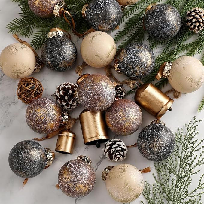 24 Pcs Neutral Textured Christmas Ball Ornaments 2.36'' Vintage Christmas Tree Decor Modern Rustic Brown Ornaments with Loop Shatterproof Hanging Ball for Xmas Farmhouse Decor (Vintage Copper)