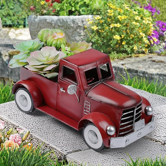 Red Truck Farmhouse Table Decor, Farm Metal Car Trucks Basket for Indoor and Outdoor, Vintage Pick-up Desktop Storage, Decorative Home Christmas Decorations