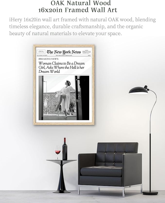 iHery Natural OAK Wood Newspaper Trendy Framed Wall Art, Large 16x20 in Vintage Headline Canvas Wall Art, Beige Retro Bedroom Decor, Woman Claims to Be a Dream Girl, Living Room Apartment Set of 1
