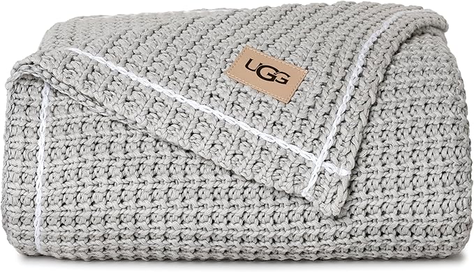 UGG Luna Knit Throw Cotton Chunky Soft Throw Blanket for Couch or Bed Cozy Washable Giftable Lightweight Blanket for Living Room or College Dorm, 50-inch x 70-inch, Stone Grey