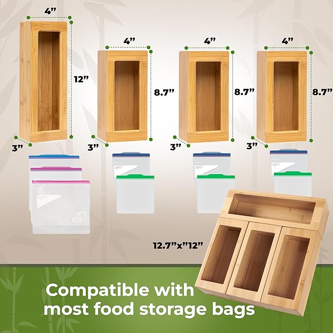 Storage Bag Organizer, Bamboo Baggie Organizer for Drawer, 4 Modular Blocks with Labels, Plastic Bag Storage Organizer, Quick Refill, Compatible with Gallon, Quart, Sandwich, Snack size bags