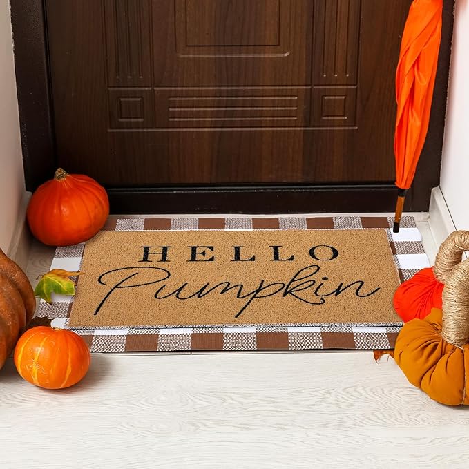 2 Pcs Fall Door Mat Hello Pumpkin Welcome Non Slip Coir Mats Thanksgiving Black White Plaid Harvest Floor Layering Doormats Seasonal for Front Porch Entryway Decor(Brown White Plaid)