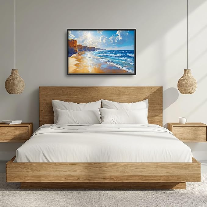 Coastal Beach Large Wall Art for Living Room, Ocean Sun Oversized Wall Decor Pictures, Seaside Framed Canvas Print Painting, Modern Artwork for Bedroom Office Home Decor 36"x24"