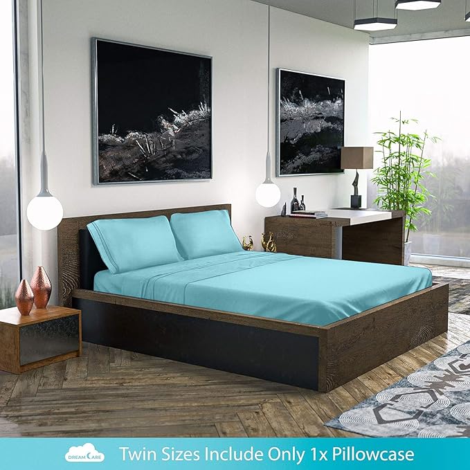 DREAMCARE Full Size Sheets Set - 6 Pcs Deep Pocket Cooling Bed Sheets - Soft, Long Lasting 100% Brushed Microfiber with Side Pocket (Spa Blue, Full)