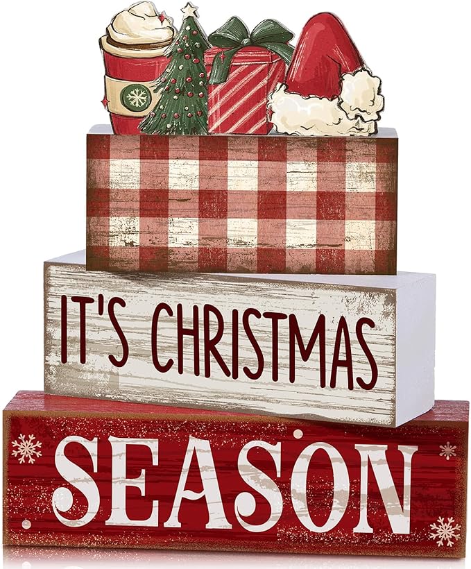 4 Pcs Wooden Christmas Tabletop Decor Xmas Tiered Tray Decor Winter Centerpiece Decorative Santa Hat Hot Cocoa Gift Box Tree Block Signs Gift Farmhouse Table Decoration for Home Kitchen