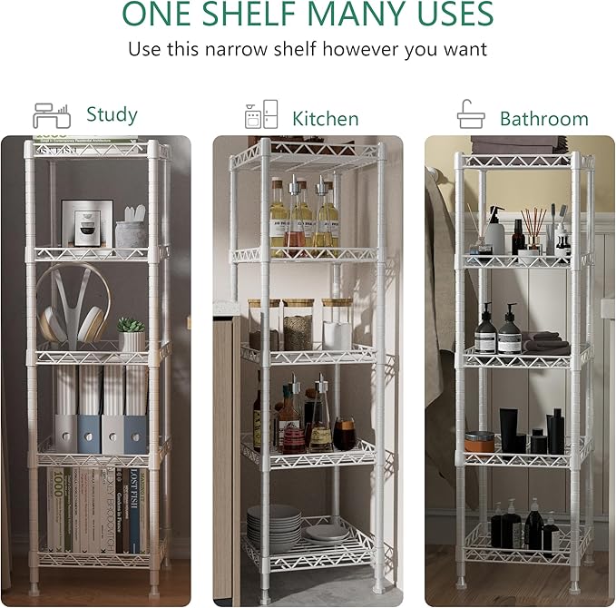 GIOTORENT 5 Tier Standing Shelving Metal Units, Adjustable Height Wire Shelf Display Rack for Laundry Bathroom Kitchen 11.8 W x 11.8 D x 50 H (5-Tier, White)