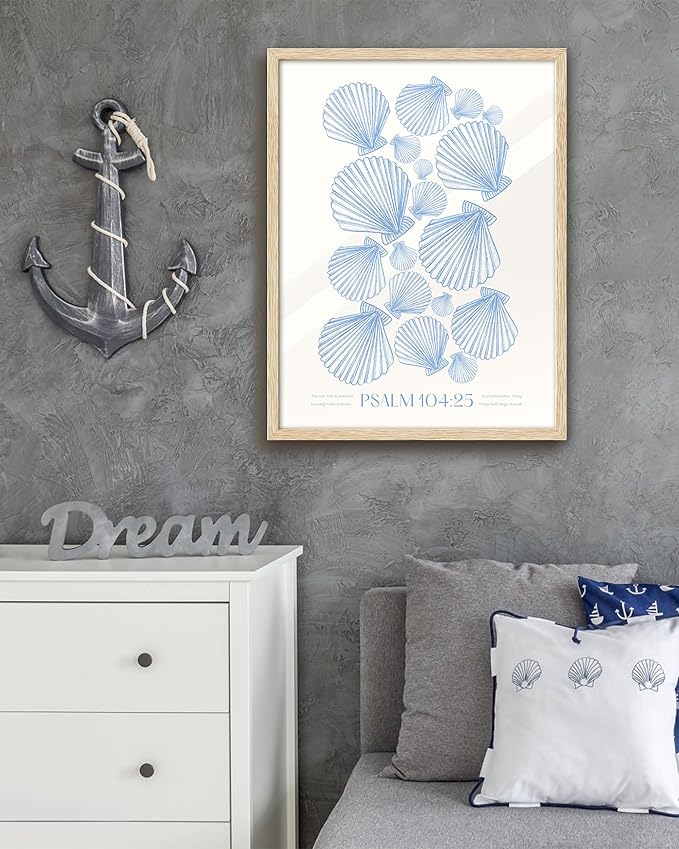 EcoHest Christian Bible Verse Framed Wall Art, Large 16x20in OAK Wood Trendy Seashell Nautical Scripture Quote Canvas Wall Art, Psalm 104:25 Home Decor, Beige Logs Set of 1 for Bedroom Living Room