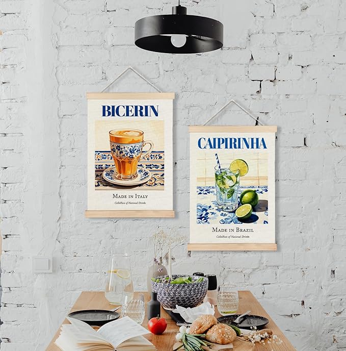 Yomisex Italy Bicerin Brazil Caipirinha Wall Art Poster, Traditional Italian and Brazilian Beverage on Maiolica Tiles Canvas Prints Wall Art Framed for Kitchen Bar Decor, 12x16 Inch Set of 2