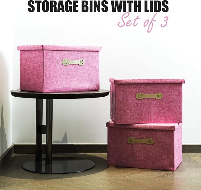 Enzk&Unity Decorative Storage Bins with Lids, Fabric Linen Foldable Storage Box with Handle Home Organizer for Shelf, Closet, Bedroom, Living Room, Office, 3 Packs, Pink