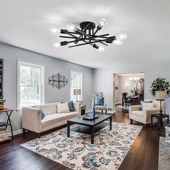 ASGYISA 8-Lights Semi Flush Mount Ceiling Light Fixture，Modern Black Vintage Metal Sputnik Chandelier， Ceiling Lamp for Bedroom Kitchen Dining Room Living Room with E26 Bulb Base