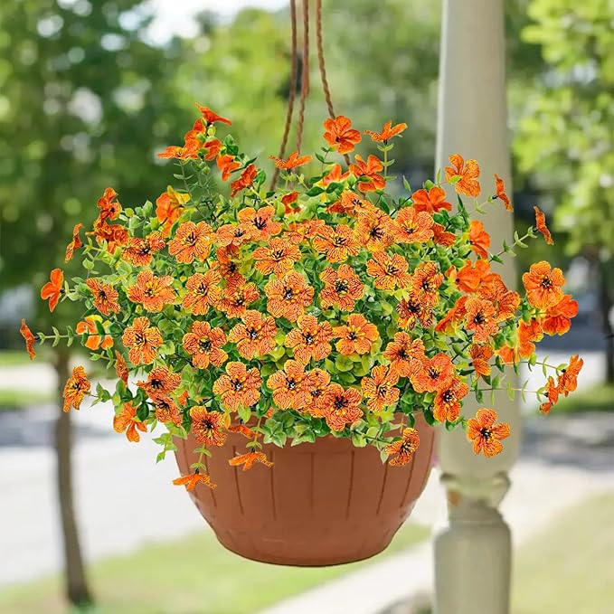 Agusbagli 10 Bundles Artificial Fall Flowers Outdoor UV Resistant Autumn Fake Flowers No Fade Faux Plastic Greenery Shrub Plants for Wedding Garden Window Box Fireplace Thanksgiving Home Decor, Orange
