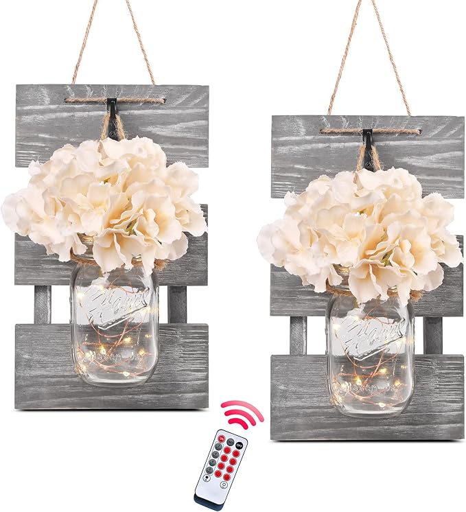 Besuerte Farmhouse Sconces Wall Decor Set of 2, Dining Room Art Wall Decor, Home Decor,Living Room, Bathroom, Hanging Vintage Wall Sconce 6-Hour Timer, Gray