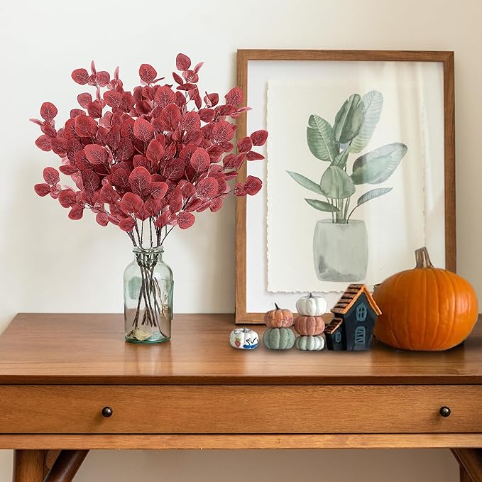 Sggvecsy Artificial Eucalyptus Leaves, 6 Pieces, 35.43 Inch Long, Red Color, Plastic and Silk Material, Easy to Bend and Adjust