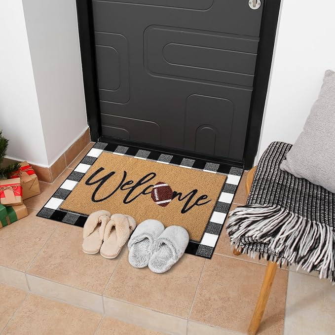 2 Pcs Football Door Mat Welcome Non Slip Coir Mats Funny Black White Buffalo Plaid Floor Layering Doormats Seasonal for Front Porch Entryway Decor(Football)