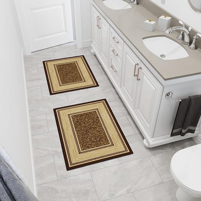 Ottomanson Rugs for Entryway 2'3" x 3' - 2 Pack Non Slip Border Small Area Rugs Durable Front Door Mat Rug Stain Resistant Entrance Rugs for Bathroom Kitchen Bedroom & Living Room, Brown