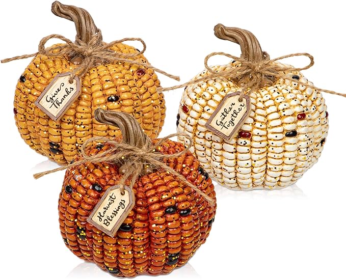 Briful Pumpkins Fall Decoration, 3PCS Decorative Corn Cob Pumpkins Resin Fake Pumpkins Autumn Home Rustic Decor for Thanksgiving Harvest Halloween Table Centerpieces Shelf Indoor Outdoor Porch