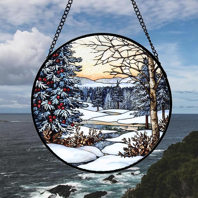 Stained Glass Window Hanging, Winter Snow Landscape Suncatcher Diamond Glass Panel Sun Catchers Decor for Birthday for Women, Men, Wife, Aunt, and Mom 6.3x6.3 in