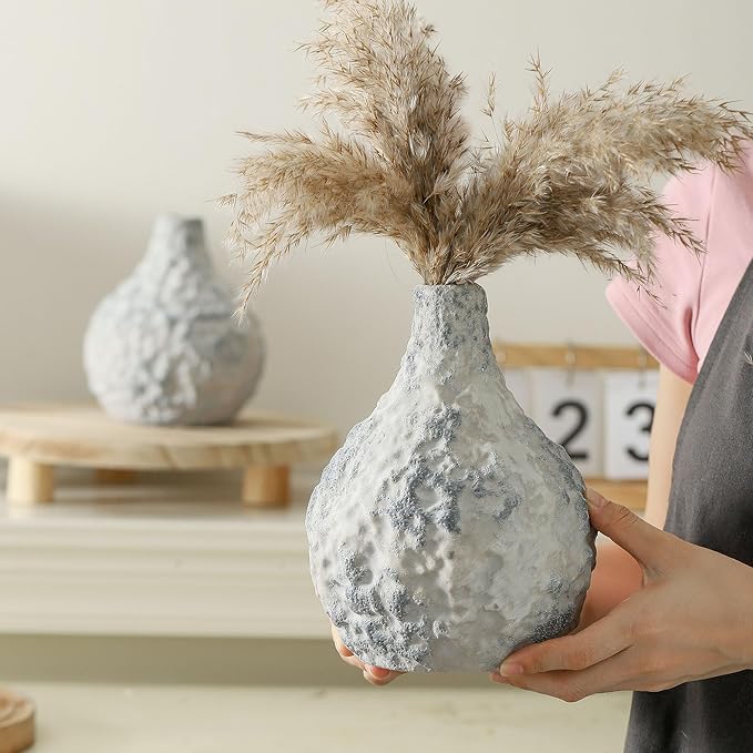 Stone Vases Set of 2, Ceramic Bud Vase Minimalist Vases for Pampas Grass,Modern Vase for Wabi Sabi Home Decor, Shelf Decoration，Fireplace Decor,Coffee Table Decor