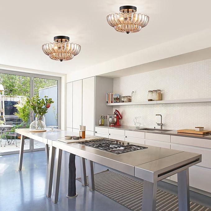 XINGQI Modern Ceiling 3-Light Amber Glass Semi Flush Mount Ceiling Light Fixture Small Close to Chandelier for Living Room Dining Room Bedroom Entryway Hallway