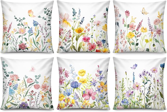 COMMINY 6 Pack Spring Floral Pillow Cover 18x18 Blossm Flower Throw Pillow Covers Vibrant Color in 6 Unique Patterned Cushion Covers for Couch Sofa Living Room Home 6 P