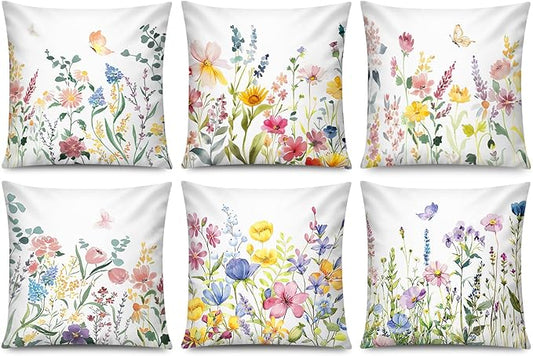 COMMINY 6 Pack Spring Floral Pillow Cover 18x18 Blossm Flower Throw Pillow Covers Vibrant Color in 6 Unique Patterned Cushion Covers for Couch Sofa Living Room Home 6 P